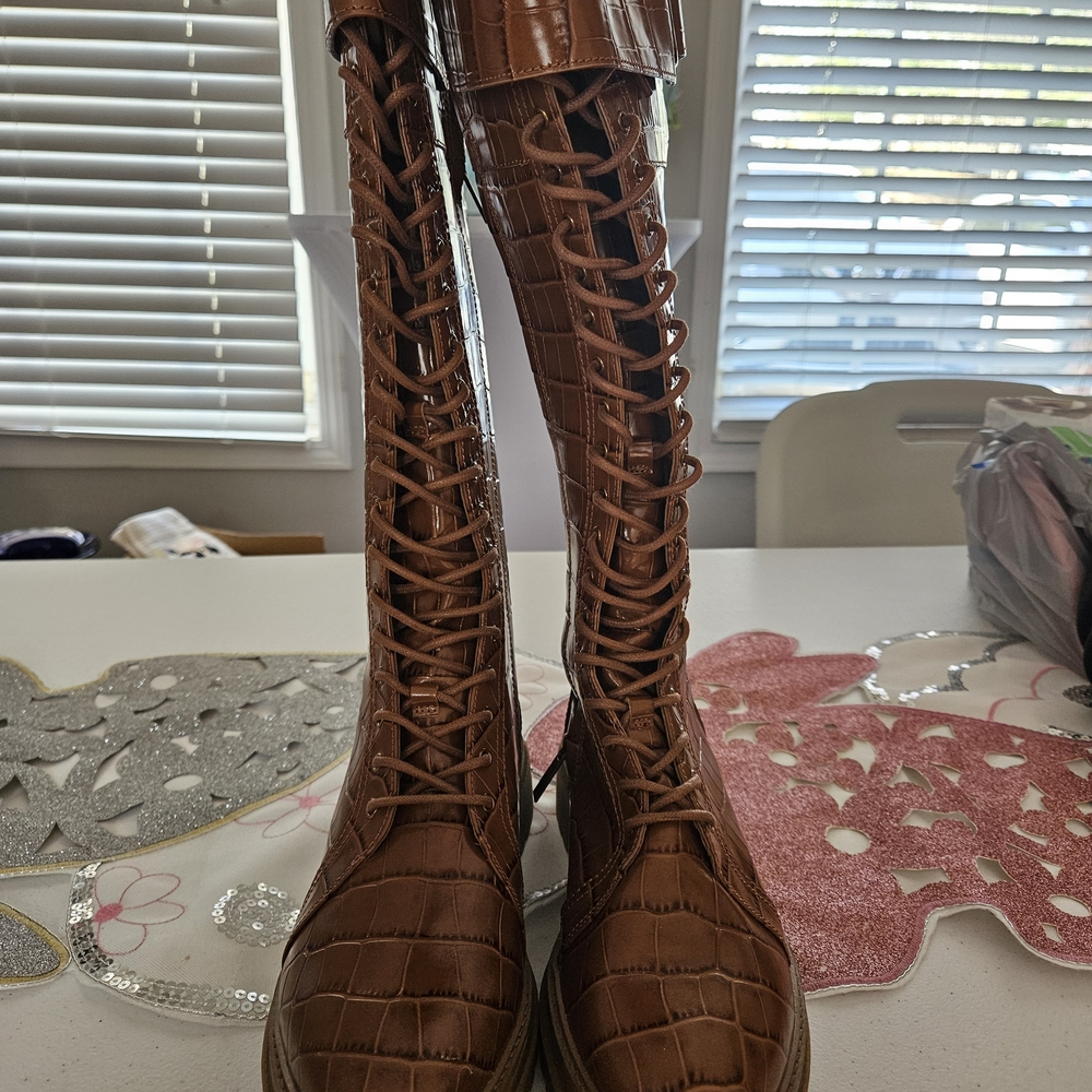 Michael Kors Brown Faux-Croc Lace-Up Knee Boots
